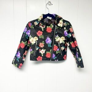 Disney Rapunzel Black Floral and Fish Print Faux Leather Moto Jacket 3T